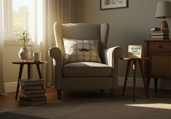 Cozy Father's Day Background Living Room, Armchair, Books, Coffee, Warm Home Scene