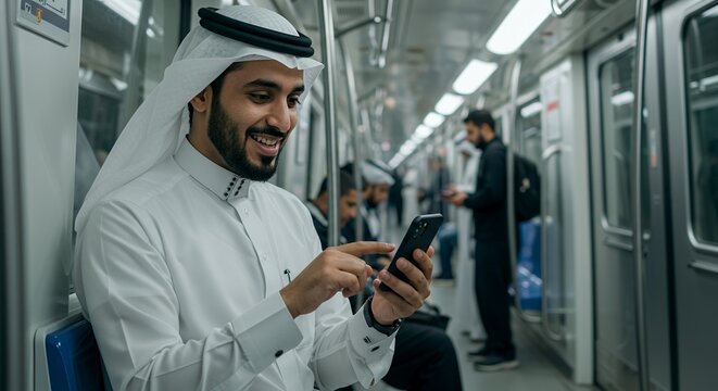 A young man in traditional Middle Eastern attire smiles while using his smartphone on a modern public transport system.