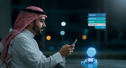 Man in traditional attire interacts with a futuristic robot via smartphone, exploring digital communication possibilities in a modern setting.