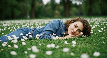Serene Young Woman Resting in a Field of White Flowers