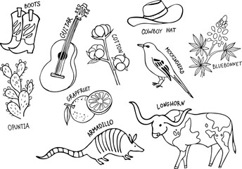 Texas symbols set. Animals, plants and objects. Vector illustration. Line art