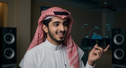 Young man in traditional Middle Eastern attire interacts with a futuristic audio visualizer interface.