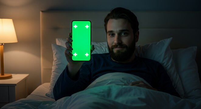 Man in bed at night holds up smartphone with bright green screen, illuminated by a bedside lamp.