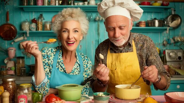 A mature couple engages in a playful cooking competition in their vibrant kitchen each holding a spoon and showcasing their dishes. The woman raises an eyebrow teasingly while the man