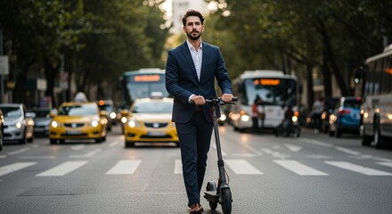 Confident businessman commutes stylishly on an electric scooter through a busy city street, showcasing modern urban transportation.
