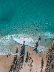 Overhead shot of surfers at Snapper Rocks, NSW