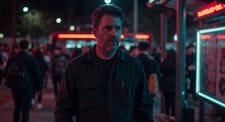 Pensive man in dark overalls stands at night, city lights blurring in the background, creating a moody urban atmosphere.
