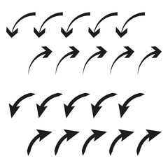 Direction arrow set. Pointing vector symbols. Navigation indicator icons. Black movement shapes.