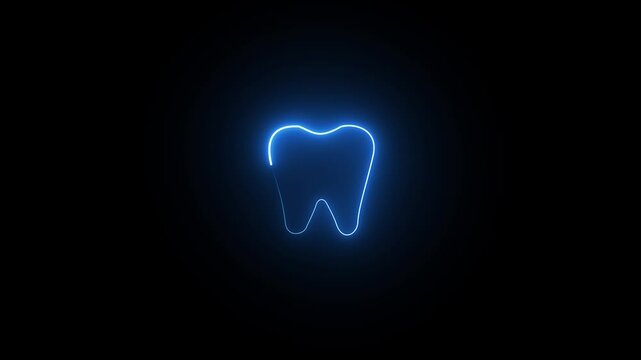 Neon tooth icon animation. Glowing neon tooth sign symbol. Oral health care, teeth diagnostics, check and treatment teeth, stomatology concept