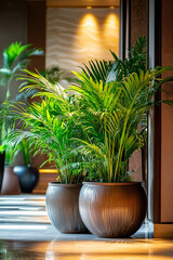 Green plants in pots creating a serene atmosphere in a modern interior design copy space
