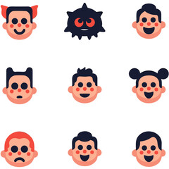 Obraz premium A vector illustration featuring a diverse set of faces expressing various emotions and styles, set against a solid black background