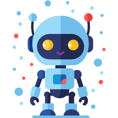 Fototapeta premium Cute futuristic robot illustration with a charming smile and colorful details on a black background filled with floating orbs