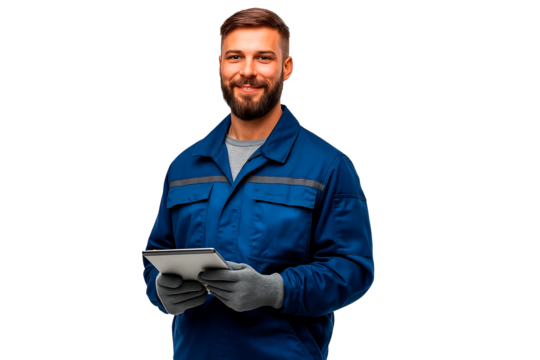 A smiling worker in blue work clothes holds a tablet, ready for the job