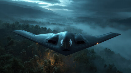 Fototapeta premium Stealth aircraft with alien like contours flying over misty terrain under low light creating mysterious atmosphere.