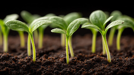 Vibrant green seedlings sprout from rich dark soil, symbolizing new beginnings and the promise of life.