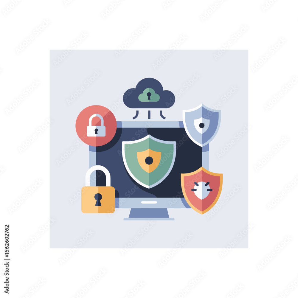 Poster illustrated computer screen displaying security shields and lock icons representing data protection 