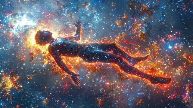 A human figure, seemingly ablaze, floats amidst a vibrant cosmic nebula