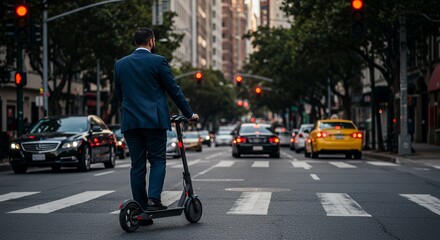 Urban Professional Commutes on a Scooter Through City Streets at Dusk