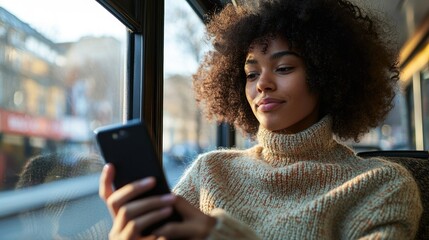 Young woman using smartphone on bus