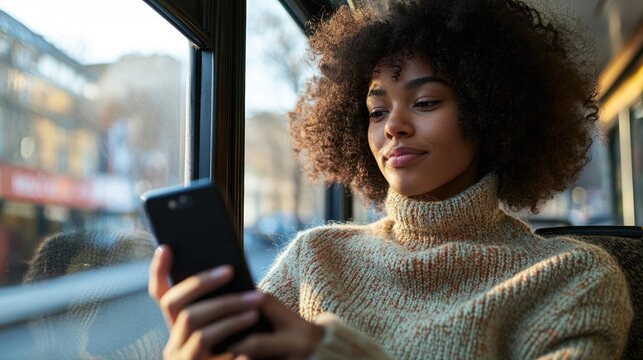 Young woman using smartphone on bus