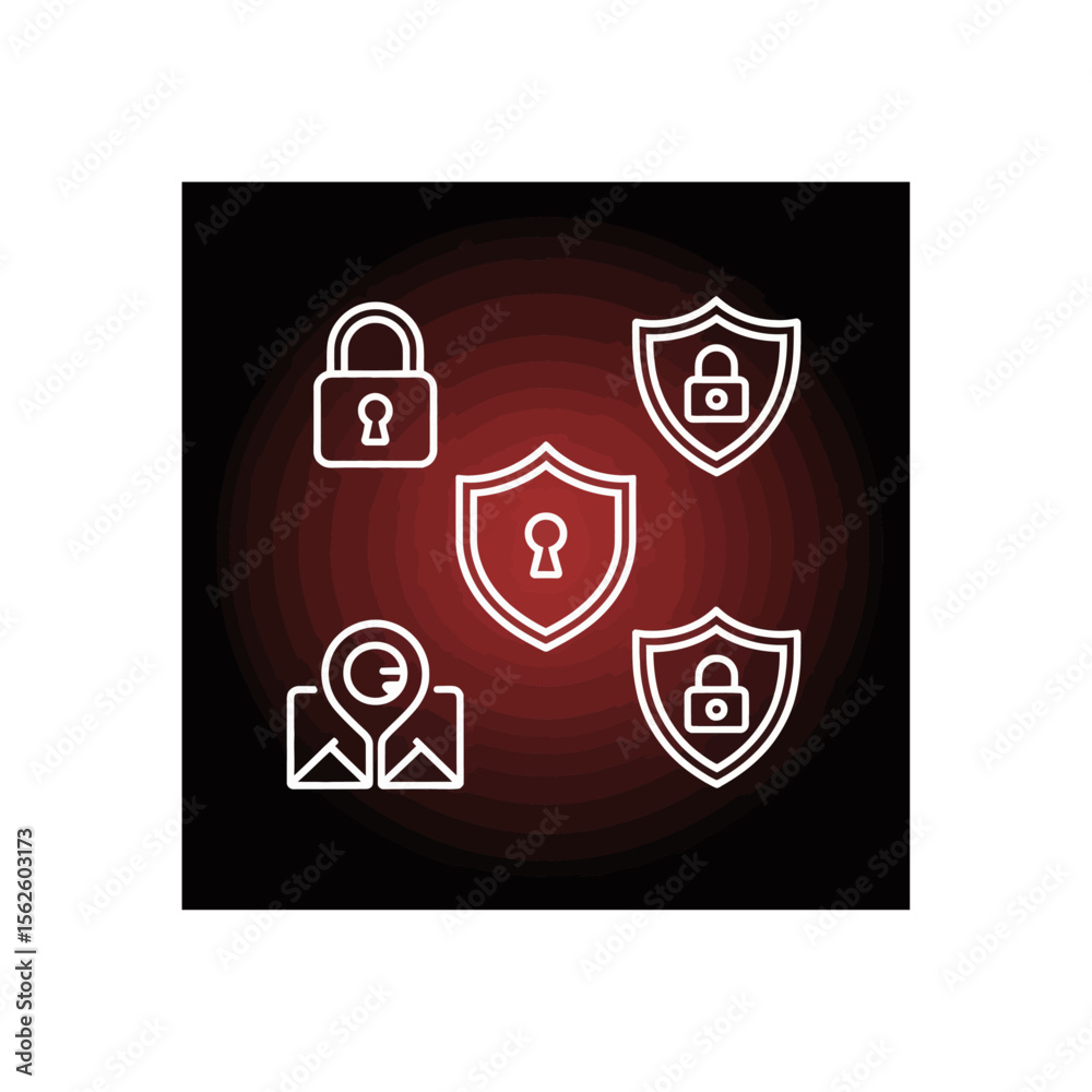 Poster security icons representing data protection and internet safety on a dark background with a red grad
