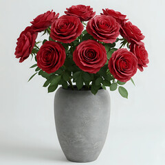 Fototapeta premium Elegant Red Roses in Gray Stone Vase on Light Background