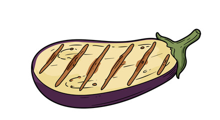 Grilled eggplant illustration – hand-drawn style vegetable with grill marks, flat color and clean lines on transparent background