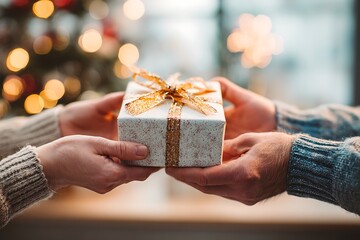 Receiving a beautifully wrapped gift, perfect for Christmas or any celebration with warm, festive bokeh lights