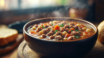Warm up with a rustic and inviting bowl of steaming meatball and vegetable soup on a cozy day.