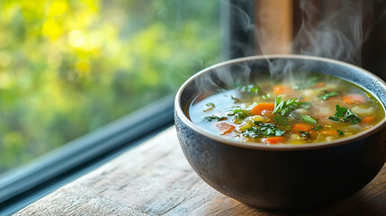 A comforting bowl of steaming vegetable soup sits on a rustic wooden table by a bright window, offering warmth and health.