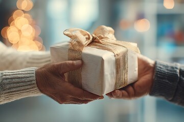 Person offering a wrapped present with golden ribbon, creating a heartwarming gesture of care and generosity.