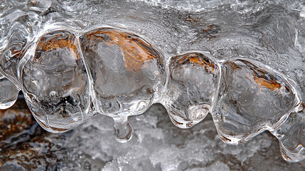 Glistening clear ice formations reveal nature's intricate artistry with a solitary water drop poised to fall.