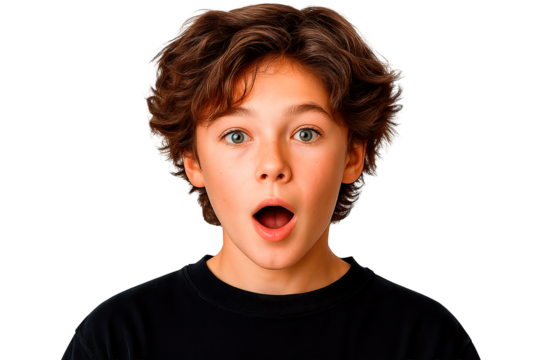 The boy's surprised face shows a moment of pure wonder and amazement.