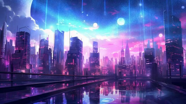 Gen-4 Turbo A captivating cityscape blending futuristic architecture with artistic flair, illuminated by striking hues of vivid purple and pink The scene is enhanced by a digital network of glowing l 