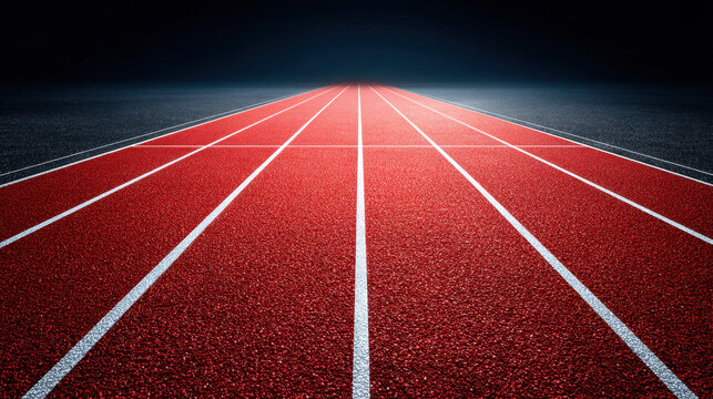 Red running track with white lane markings illuminated in dark, empty stadium creating focused and intense atmosphere