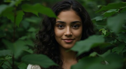 Serene Woman Partially Hidden Amidst Lush Green Foliage (1)