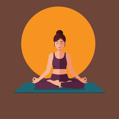 A woman meditates in a lotus position on a teal mat, silhouetted against a large orange circle.