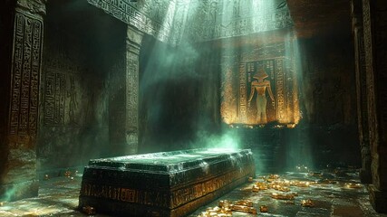 Sunbeams illuminate an ancient tomb, revealing a sarcophagus and gold amidst hieroglyphic carvings - Powered by Adobe