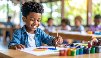 A happy little boy from school is painting a white paper with multicolor paint. A paintbrush is used in a creative art and craft class at school.