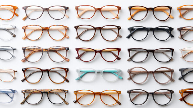 Eyeglass frames collection in various colors and styles arranged in rows on white background, showcasing diverse fashionable eyewear options