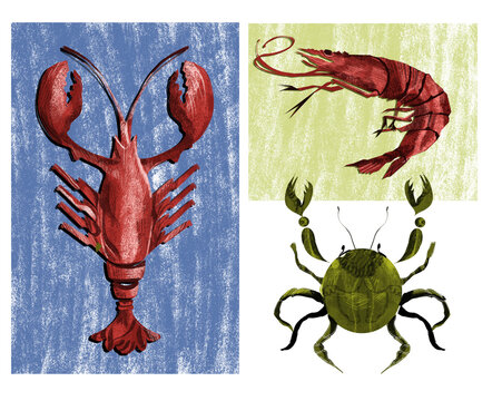 Detailed illustration of lobster, shrimp, and crab 