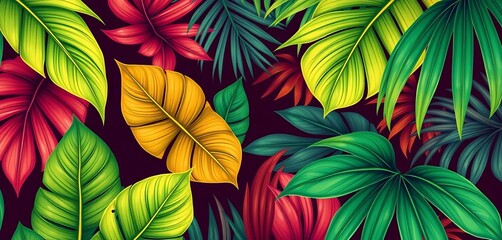 Hand-drawn abstract tropical foliage pattern, lush green monstera and palm leaves , growth, summer