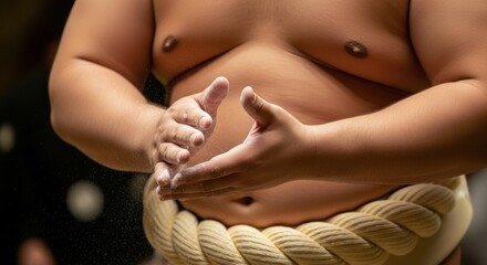 Close up of a sumo wrestler clapping hands with mawashi around waist before a wrestling match starts