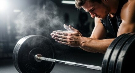 Man clapping hands with chalk powder before lifting barbell in gym for fitness and strength training