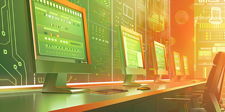 Multiple Computers Displaying Code on Desk with Circuit Background