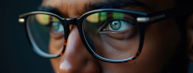 Insight and Intelligence: Eye Reflection in Spectacles. Suitable for use in content related to intellectual pursuits, deep thought, analytical skills