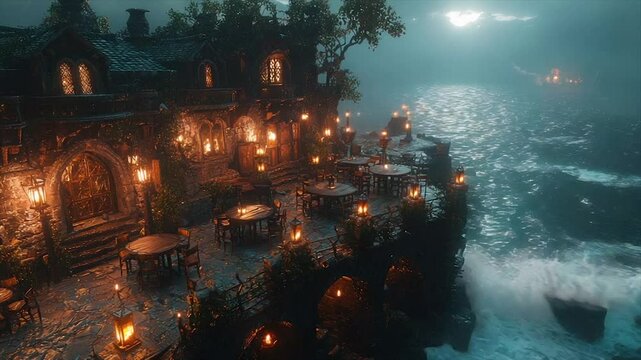 Cliffside tavern at night, lit by lanterns, overlooking a moonlit sea