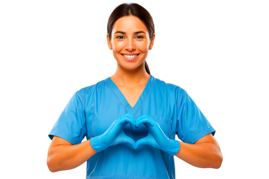 A cheerful nurse makes a heart symbol with her hands, showing care and empathy.