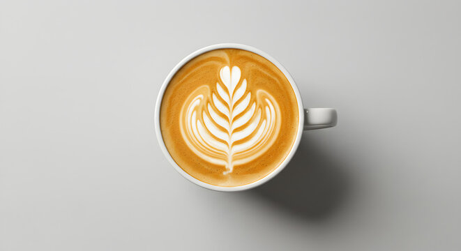 Aerial view of a cup of coffee with latte art on a white surface showing a leaf design clearly