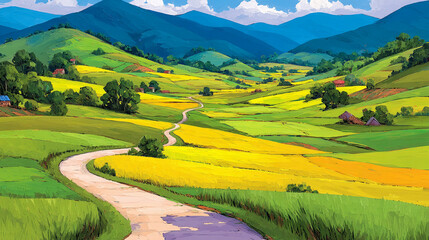 A vibrant painting of a winding path through sun-drenched green and yellow fields leading towards majestic blue mountains under a serene sky.
